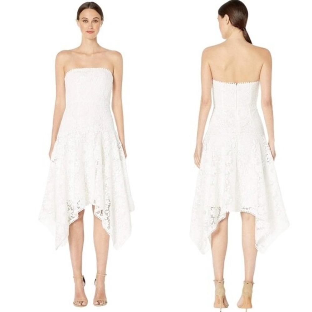 ML Monique Lhuillier Strapless Handkerchief Hem Corset Top White Lace Dress SZ 2